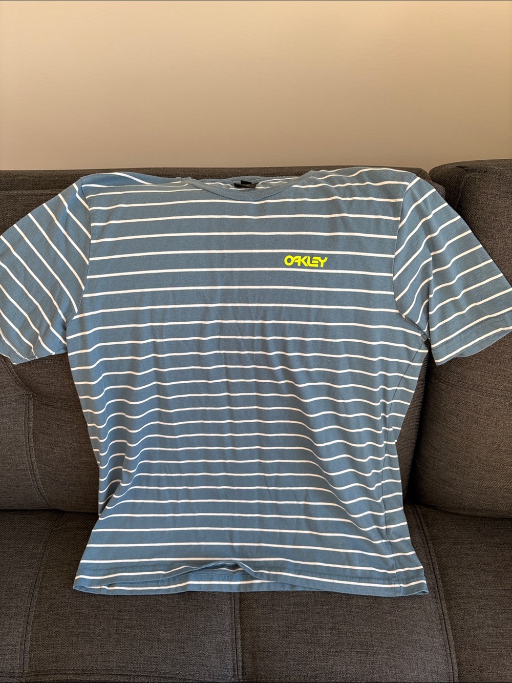 Oakley Light Blue and White Striped Crew Tee with Neon Logo
